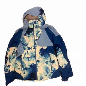 Spyder women's GORE-TEX ski jacket with a blue and white abstract pattern